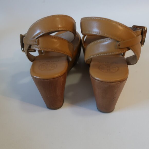 Authentic Womens Tory Burch Tan Almita Mid Wedge Wood Heel Leather Sandals 9 - Picture 7 of 13